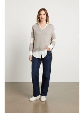 Brochu Walker Striped V Neck Layered Pullover Sweater. Size XS, Taupe